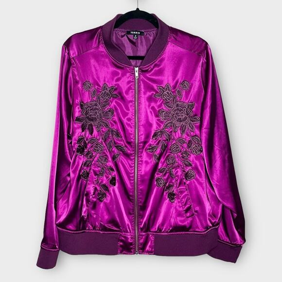 TORRID purple floral embroidered station bomber jacket plus size 2X - Picture 6 of 9